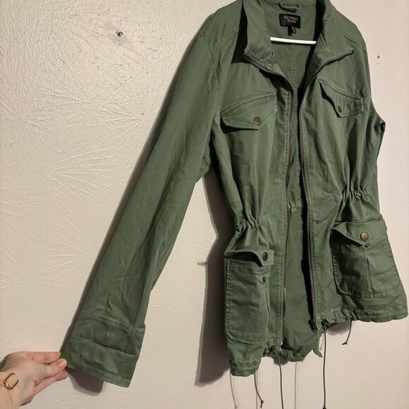 Victoria Secret Utility Jacket Woman LARGE Green Army Style Pockets Zip Cinch - Picture 4 of 7